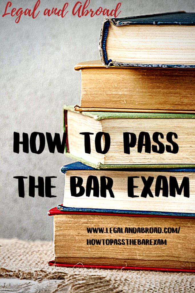 A stack of books with a website URL and the text "HOW TO PASS THE BAR EXAM" written over them.