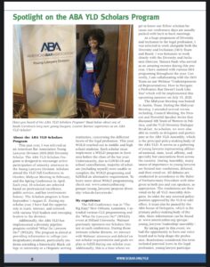 A woman stands next to an American Bar Association Young Lawyers Division banner at a conference. The page features text about the ABA YLD Scholars Program.