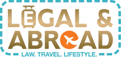 Legal & Abroad logo featuring a suitcase as the 'L' and a plane icon in the 'O' of the word 'Abroad'. The tagline reads 'Law. Travel. Lifestyle.'.